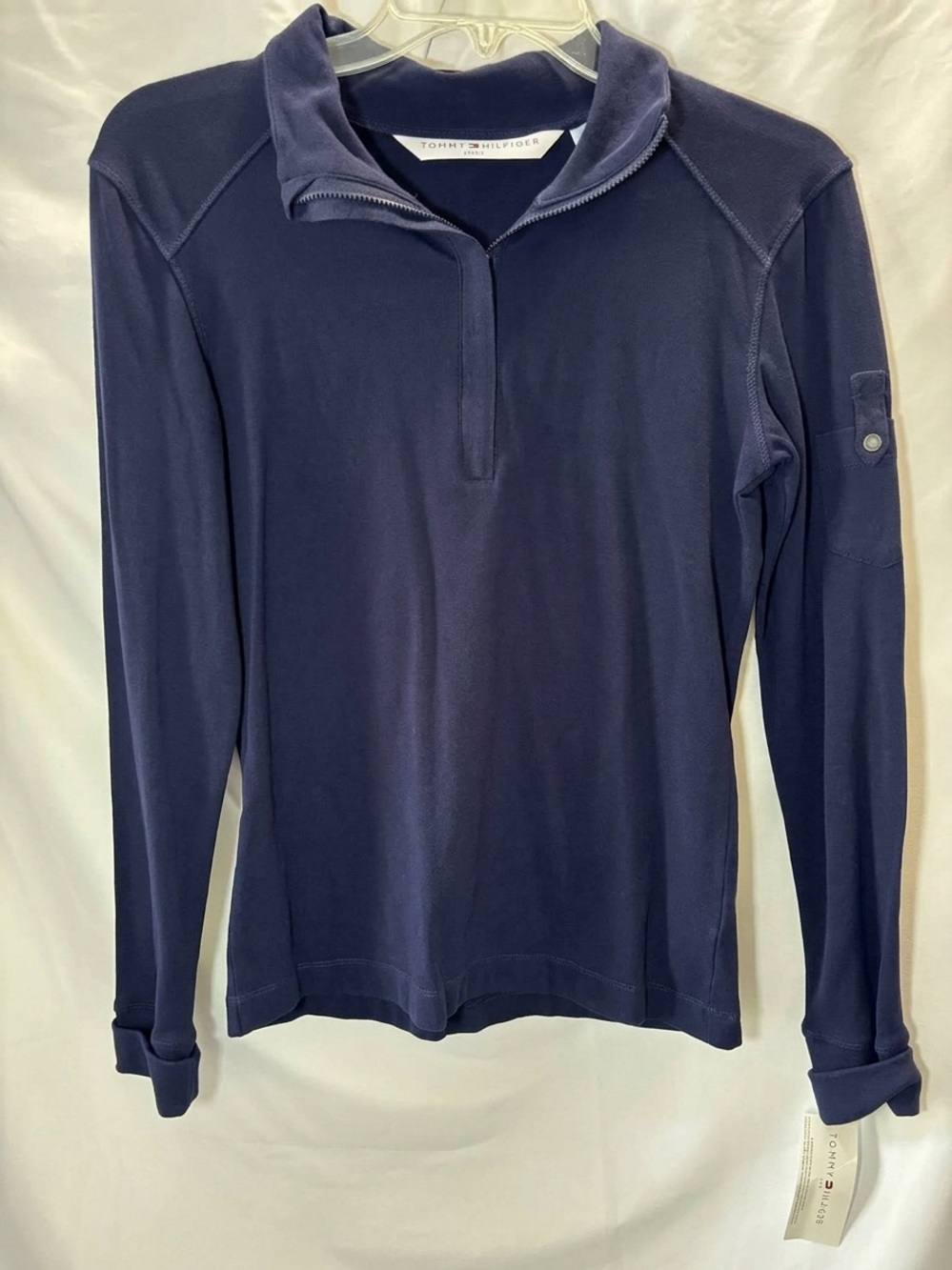 NWT Vintage Tommy Hilfiger Quarter Zip Pullover Navy Sleeve Cargo Pocket, S